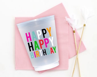 Happy Birthday Cups, Birthday Party Cups, HBD Party Decorations and Favors, Reuseable Frosted Cups - SET OF 10