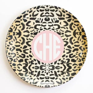 Personalized Melamine Plate Monogram Plate for Kids Leopard Print Outdoor Dinnerware Custom Birthday Plate  Polymer Plate