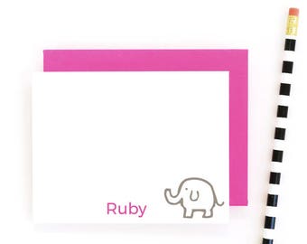 Girls Stationary Personalized Elephant Stationery Custom Stationery for Kids Note Cards Pink and Grey Gray Girl Thank You Notes / Set of 10