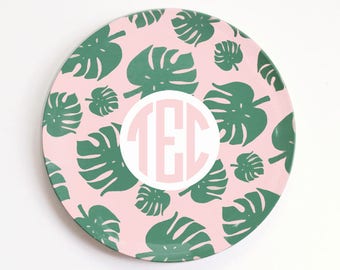 Melamine Plate Personalized Monstera Leaf Plates Tropical Birthday Plate Kids Monogrammed Plate Custom Child's Plate Kids Outdoor Dinnerware