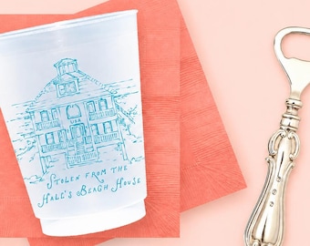 Custom Beach House Cups - Personalized Lake Home Drawing - Housewarming Party Favors