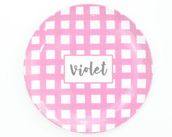 Easter Basket Ideas Personalized Kids Plate Melamine Dinner Plates Monogram Dinnerware Pink and White Gingham Girls Birthday Gift Ideas