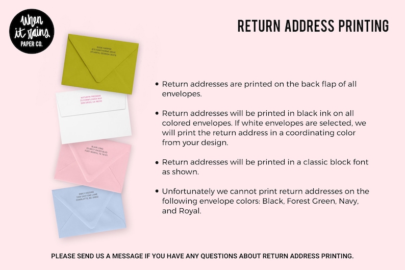 The image is a return address printing guide from Paper Co., providing instructions on how to print return addresses on envelopes.
