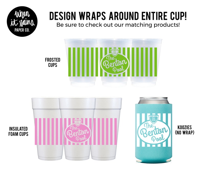May include: Three white foam cups with pink and white striped designs and the text "The Benton Pool" in a circle. Three frosted plastic cups with green and white striped designs and the text "The Benton Pool" in a circle. A turquoise koozie with white and green striped designs and the text "The Benton Pool" in a circle.