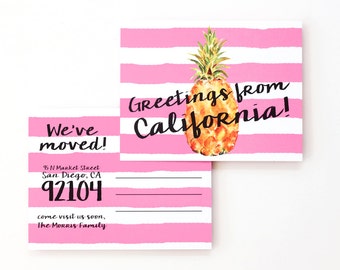 Change of Address Postcards Moving Announcement Cards Greetings from California Moving Cards We've Moved New Home Pink Watercolor Pineapple