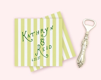 Striped Wedding Cocktail Napkins for Bar | Personalized with Names and Wedding Date | Rehearsal Dinner