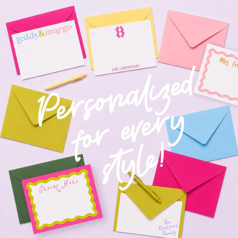 a variety of colorful envelopes and stationery items, including personalized cards and envelopes, arranged in a visually appealing manner.