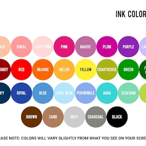 a color wheel with various color options, including shades of pink, purple, green, and more. The colors are arranged in a grid format, with each color circle representing a different shade. The image also includes a note that states that the colors will vary slightly from what is visible on the screen.