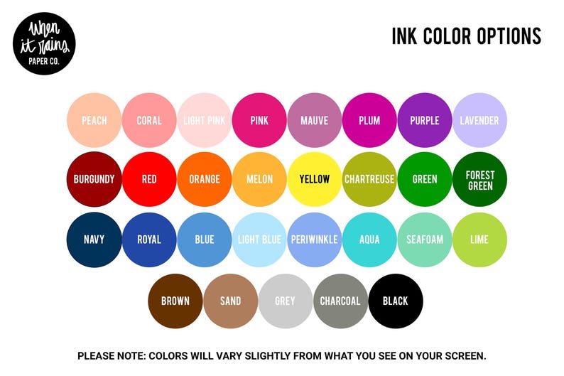 a color wheel with various color options, including shades of pink, purple, green, and more. The colors are arranged in a grid format, with each color circle representing a different shade. The image also includes a note that states that the colors will vary slightly from what is visible on the screen.
