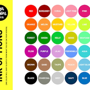 K&ouml;nnte beinhalten: Eine Farbkarte mit 30 verschiedenen Tintenoptionen in einer Vielzahl von Farben, darunter Rot, Rosa, Orange, Gelb, Gr&uuml;n, Blau und Braun. Der Text "INK OPTIONS" wird vertikal auf gelbem Hintergrund angezeigt, mit dem Markennamen "when it rains PAPER CO.".