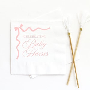 Pink Bow Personalized Napkins for Girl Baby Shower - Available in Beverage, Luncheon, Dinner, and Guest Towel Size