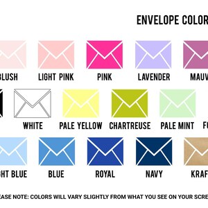 a collection of envelope color options, including various shades of pink, lavender, green, navy, and other colors. The colors are represented by different envelope designs, and the text indicates that the colors will vary slightly from what is visible on the screen.