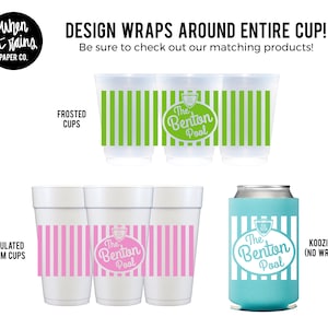 May include: Three white foam cups with pink and white striped designs and the text "The Benton Pool" in a circle. Three frosted plastic cups with green and white striped designs and the text "The Benton Pool" in a circle. A turquoise koozie with white and green striped designs and the text "The Benton Pool" in a circle.