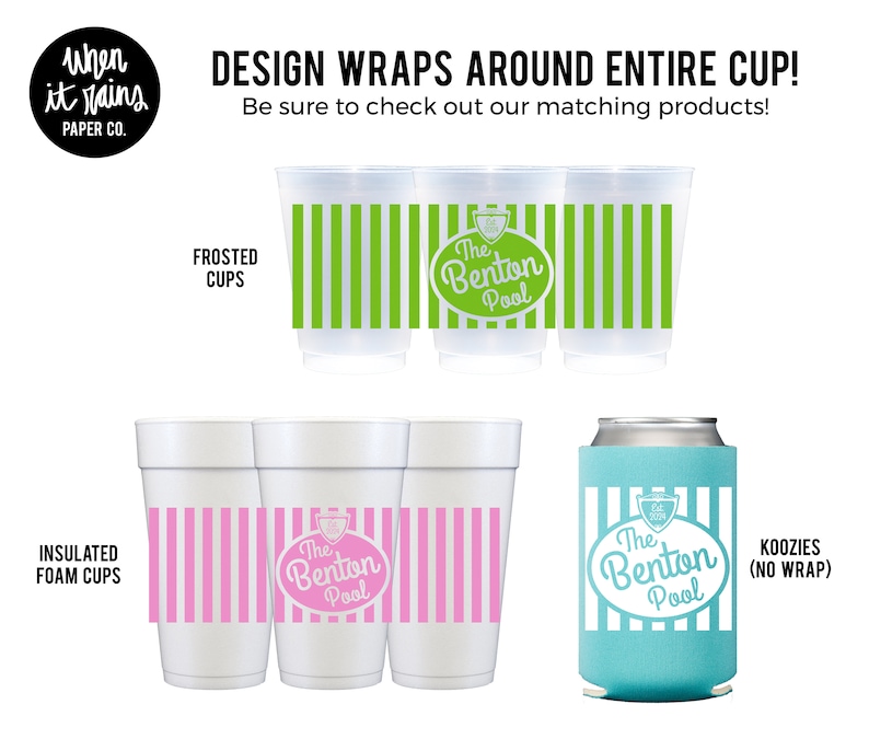 May include: Three white foam cups with pink and white striped designs and the text "The Benton Pool" in a circle. Three frosted plastic cups with green and white striped designs and the text "The Benton Pool" in a circle. A turquoise koozie with white and green striped designs and the text "The Benton Pool" in a circle.