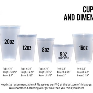 May include: A set of eight clear plastic cups with different sizes and capacities, ranging from 80 ounces to 200 ounces. Each cup has its size printed on it, and the dimensions of each cup are listed below. The cups are ideal for serving beverages at parties or events.