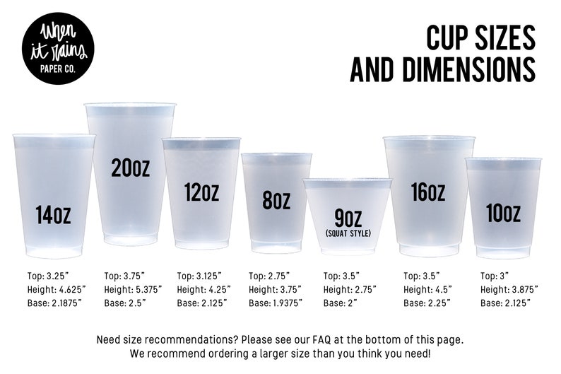 May include: A set of eight clear plastic cups with different sizes and capacities, ranging from 80 ounces to 200 ounces. Each cup has its size printed on it, and the dimensions of each cup are listed below. The cups are ideal for serving beverages at parties or events.