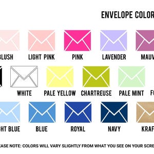 a collection of envelope color options, including various shades of pink, lavender, green, navy, and other colors. The colors are represented by different envelope designs, and the text indicates that the colors will vary slightly from what is visible on the screen.
