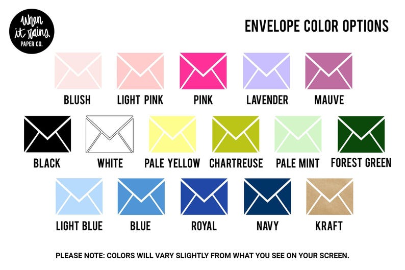 a collection of envelope color options, including various shades of pink, lavender, green, navy, and other colors. The colors are represented by different envelope designs, and the text indicates that the colors will vary slightly from what is visible on the screen.