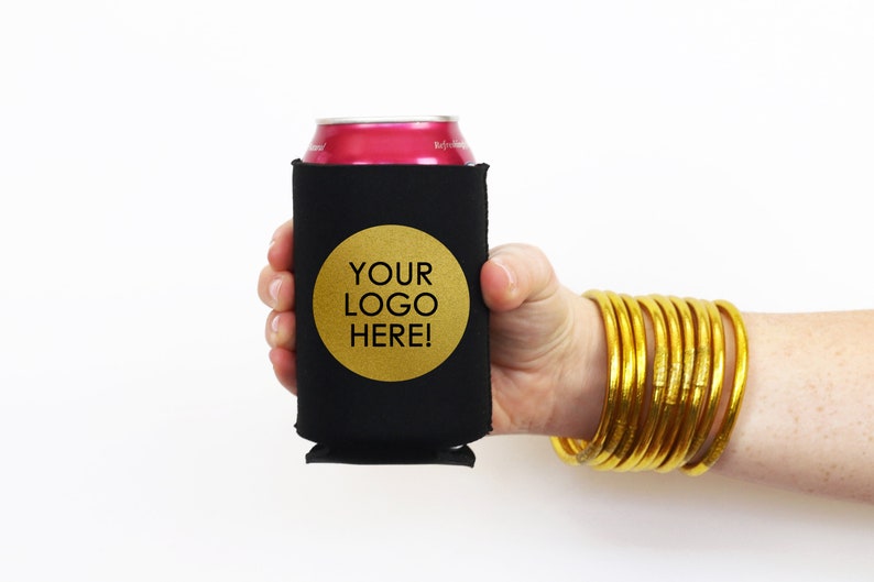 May include: Black neoprene can cooler with a gold circle that says "YOUR LOGO HERE!"