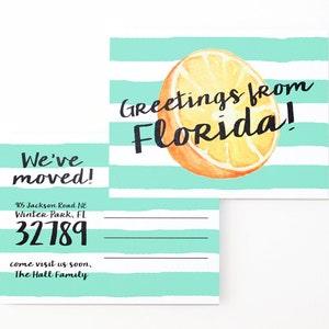 Bewegende Aankondiging Briefkaarten Adreswijziging Kaarten We zijn verhuisd naar het strand Californië Florida Tropische verhuiskaarten Waterverf Sinaasappel