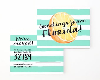 Moving Announcement Postcards Change of Address Cards We've Moved to the Beach California Florida Tropical Moving Cards  Watercolor Orange