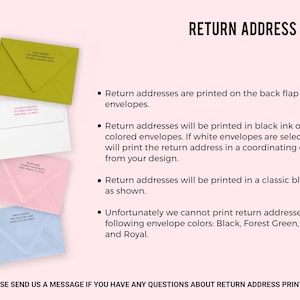 The image is a return address printing guide from Paper Co., providing instructions on how to print return addresses on envelopes.