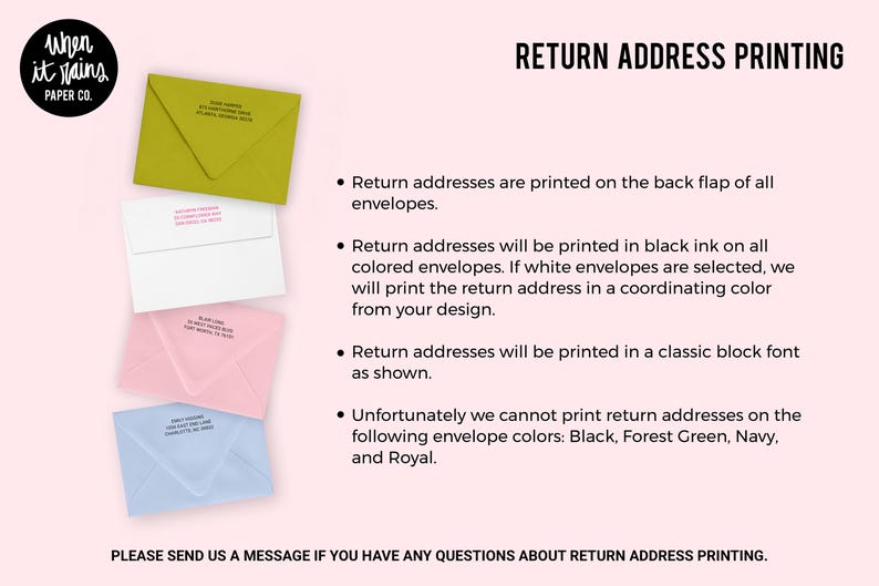 The image is a return address printing guide from Paper Co., providing instructions on how to print return addresses on envelopes.