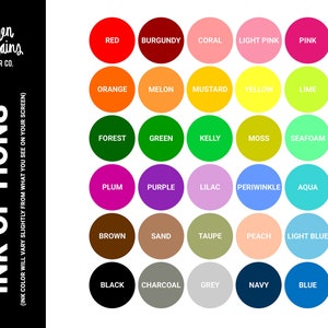 K&ouml;nnte beinhalten: Eine Farbkarte mit 25 verschiedenen Tintenfarben, darunter Rot, Orange, Gelb, Gr&uuml;n, Blau, Lila, Braun, Schwarz und Wei&szlig;. Die Karte ist mit "Ink Options" und "When it rains Paper Co." beschriftet.