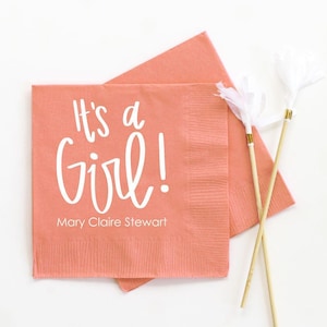 Girl Baby Shower Decorations Personalized Beverage Napkins Custom Cocktail Napkins It&#39;s a Girl Gender Reveal Party