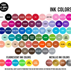 May include: A chart displaying a range of ink colours for a paper company named "When It Rains Paper Co.". The chart features standard colours, fluorescent colours, and metallic colours. The text "Ink Colour Will Vary Slightly From What You See On Your Screen. Custom Ink Options Available For &pound;10." is at the bottom of the chart.