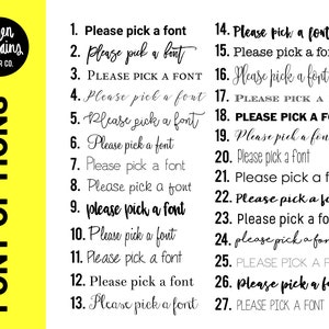 K&ouml;nnte beinhalten: Grafik mit Schriftoptionen f&uuml;r eine Papierfirma. Das Bild zeigt den Text "FONT OPTIONS" auf gelbem Hintergrund, mit einer Liste von 27 Schriftarten, die jeweils mit "Please pick a font" beschriftet sind.