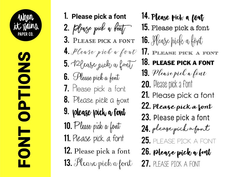K&ouml;nnte beinhalten: Grafik mit Schriftoptionen f&uuml;r eine Papierfirma. Das Bild zeigt den Text "FONT OPTIONS" auf gelbem Hintergrund, mit einer Liste von 27 Schriftarten, die jeweils mit "Please pick a font" beschriftet sind.