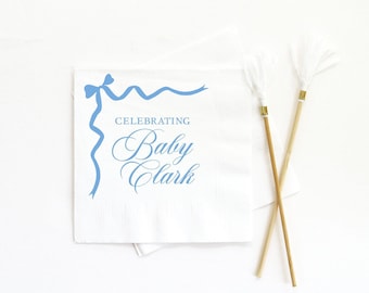 Blue Bow Personalized Napkins for Baby Boy Shower - Available in Beverage, Luncheon, Dinner, and Guest Towel Size