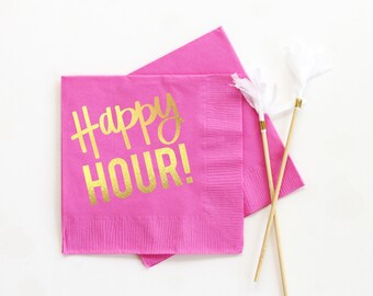Happy Hour Cocktail Napkins: Gold Foil Party Napkins - Set of 20