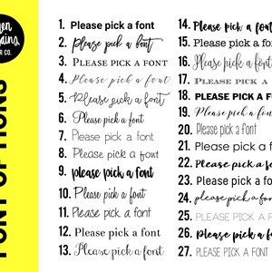 May include: A yellow background with black text listing 27 font options for a design project. The text reads "Please pick a font" in various styles and sizes.