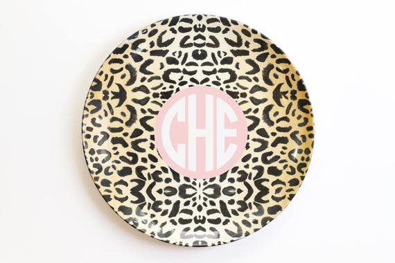 Personalized Melamine Plate Monogram Plate for Kids Leopard Print Outdoor Dinnerware Custom Birthday Plate  Polymer Plate
