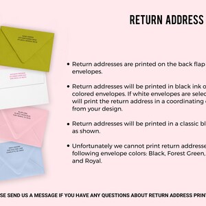 The image is a return address printing guide from Paper Co., providing instructions on how to print return addresses on envelopes.