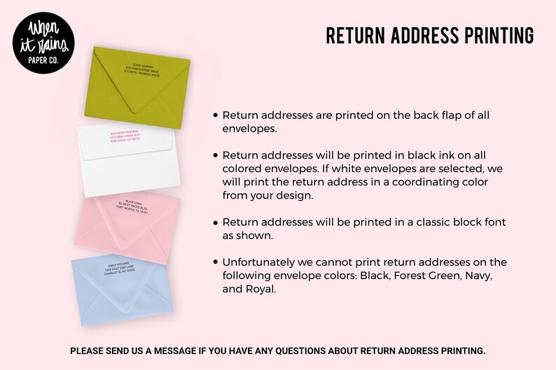 The image is a return address printing guide from Paper Co., providing instructions on how to print return addresses on envelopes.