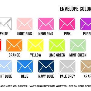 May include: A chart showing envelope color options for a paper company called "When it Rains Paper Co.". The colors include white, light pink, neon pink, pink, purple, red, orange, yellow, lime green, mint green, green, light blue, blue, navy blue, pale grey, and kraft.