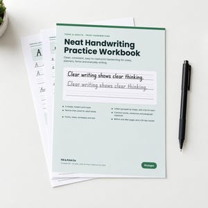 May include: A light green handwriting practice workbook with dark green text titled Neat Handwriting Practice Workbook. The cover features the phrase Clear writing shows clear thinking, bulleted lists of features, and a 58 pages badge.
