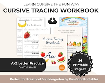 May include: A cursive tracing workbook for kids, featuring fruit-themed words. The cover displays an apple, banana, strawberry, and watermelon. The workbook includes 26 printable pages for preschool and kindergarten learning.