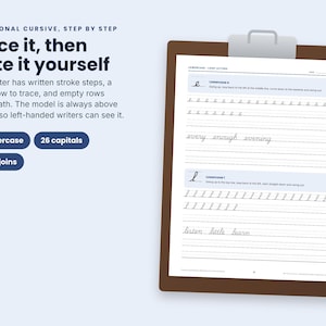 May include: A brown clipboard holding a white worksheet for learning traditional cursive handwriting. The page features instructional text, dotted lines for tracing lowercase letters, and empty rows for practice, including examples like every, enough, evening, listen, little, and learn.