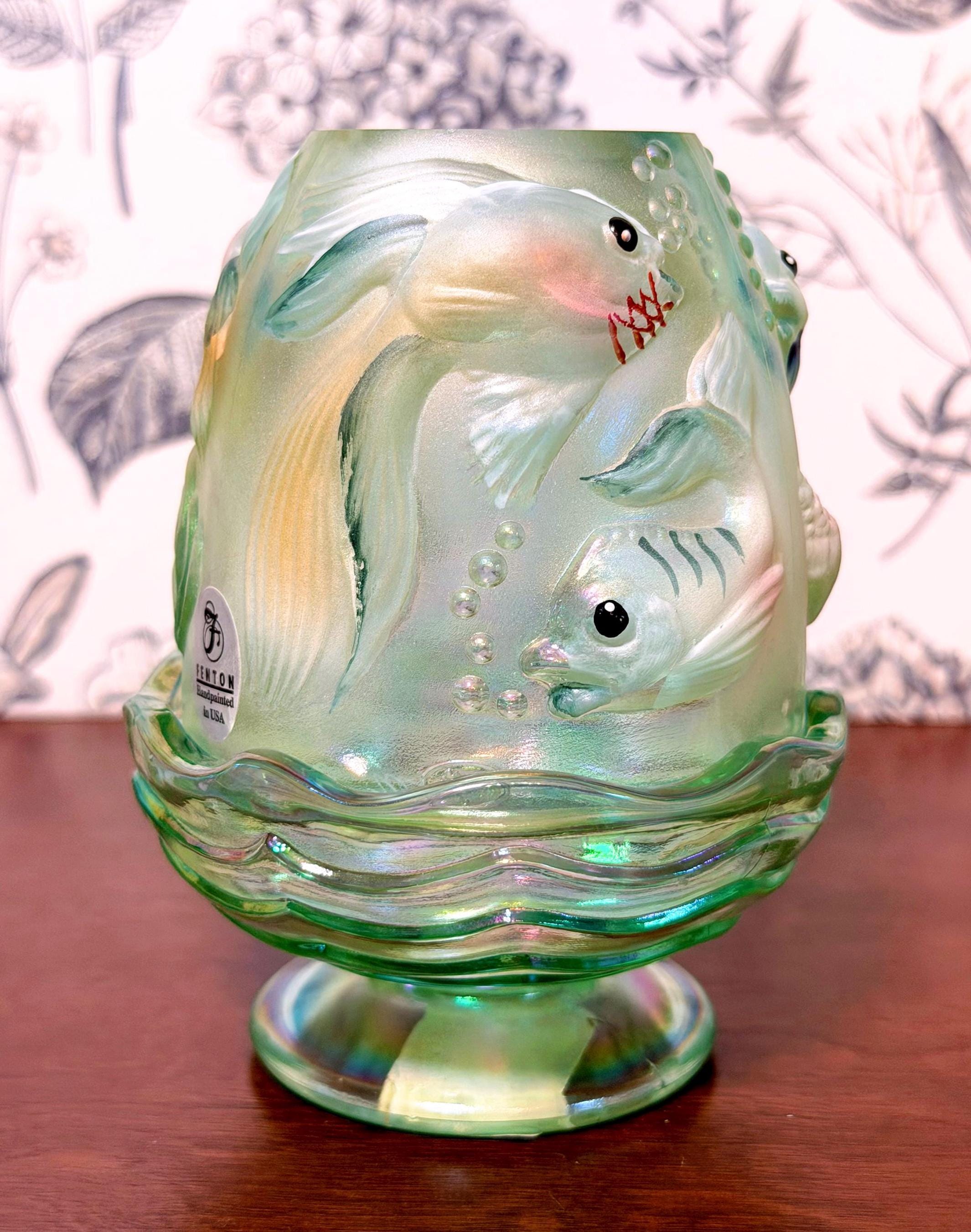 Vintage Fenton Atlantis Green Carnival Glass Koi Fish Fairy Lamp