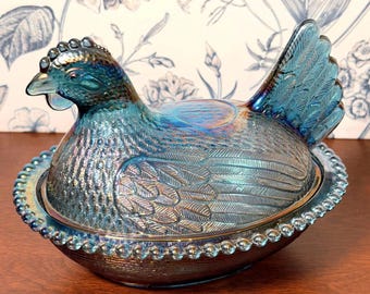 Vintage Blue Carnival Glass Hen on Nest |  Indiana Glass | MINT condition