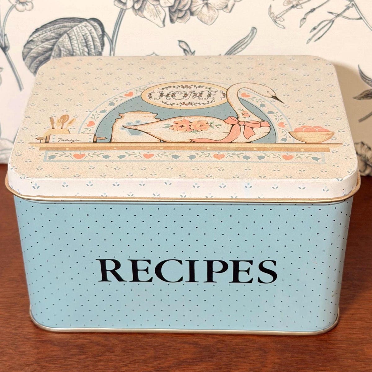 ETSY - Vintage Metal Recipe Tin with Swan Illustration | Cottagecore Kitchen Storage
