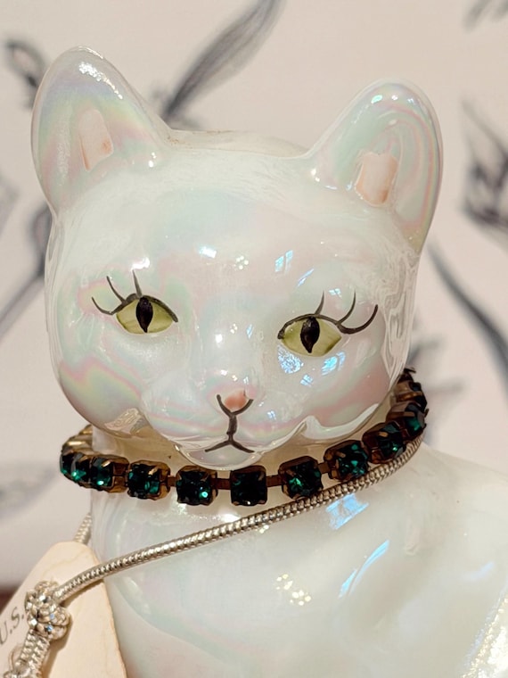 Vintage Fenton Hand-painted Opalescent Cat Figurine | Authentic