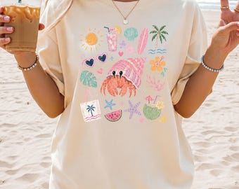 Hermit Crab Beach Illustrations T-Shirt, Tropical Seashells, Palm Trees, Surf, Summer Vibes Shirt, Ocean