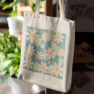 Retro Daisy Floral Tote Bag, 12 oz Cotton Canvas, Wildflowers Print, Garden Carryall image 2