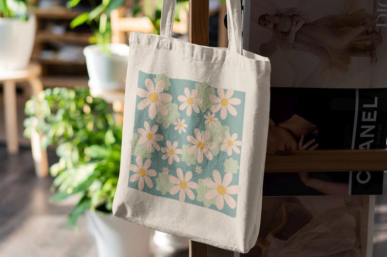 Retro Daisy Floral Tote Bag, 12 oz Cotton Canvas, Wildflowers Print, Garden Carryall image 2