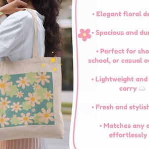 Retro Daisy Floral Tote Bag, 12 oz Cotton Canvas, Wildflowers Print, Garden Carryall image 3
